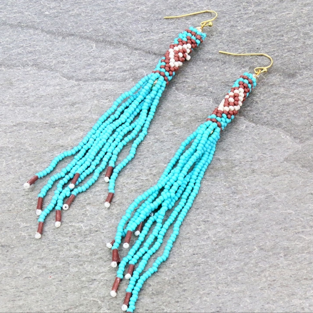 NWT Blue Seed Bead Aztec Turquoise and White Tassel Fringe Earrings